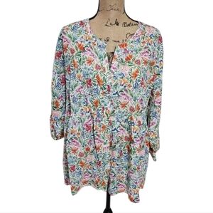 Jones New York Womens 2X Floral Linen Blend Button Front Tunic Top NWT